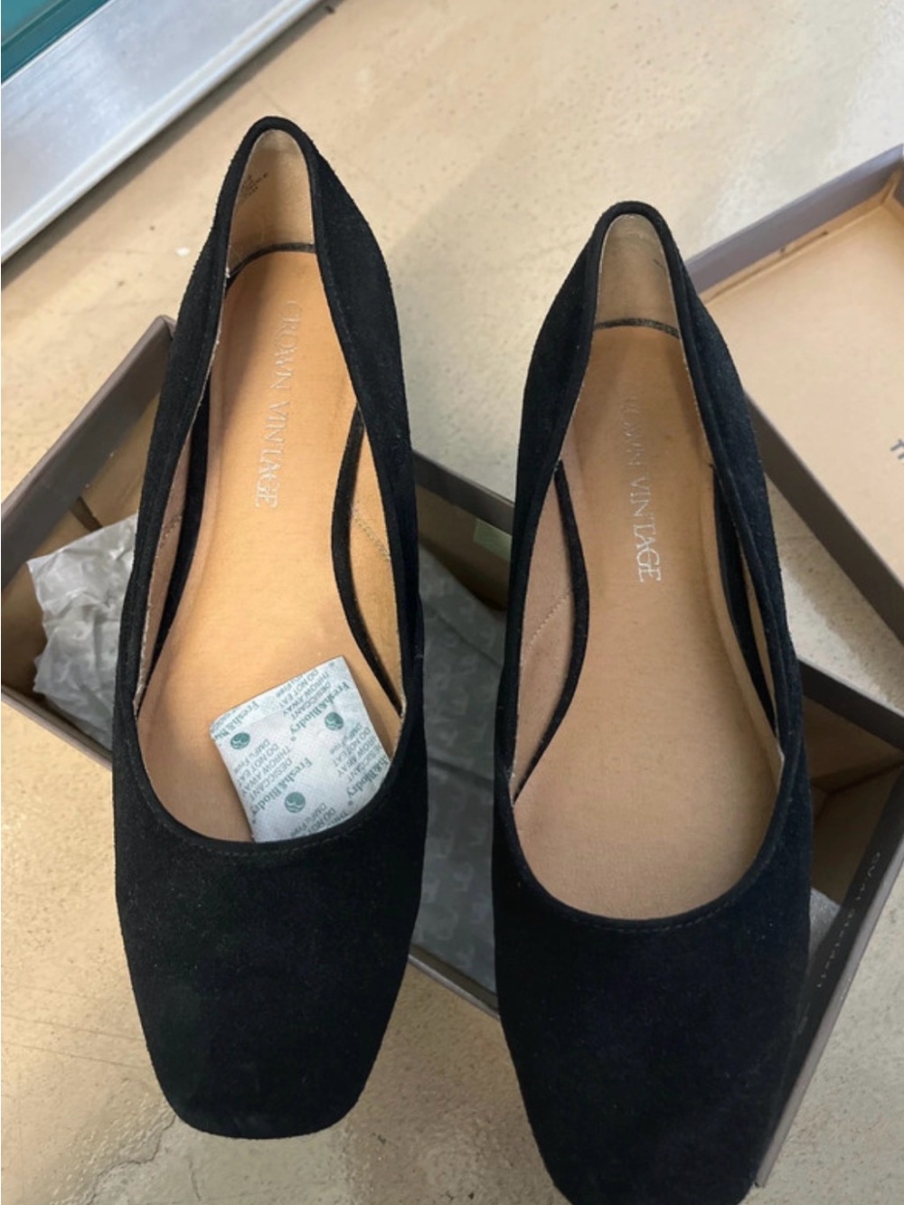 Crown Vintage Black Suede Square-Toe Ballet Flats - Women's